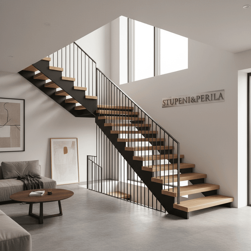 Custom L-shaped staircase in a modern Moscow home with flexible design and quality materials.