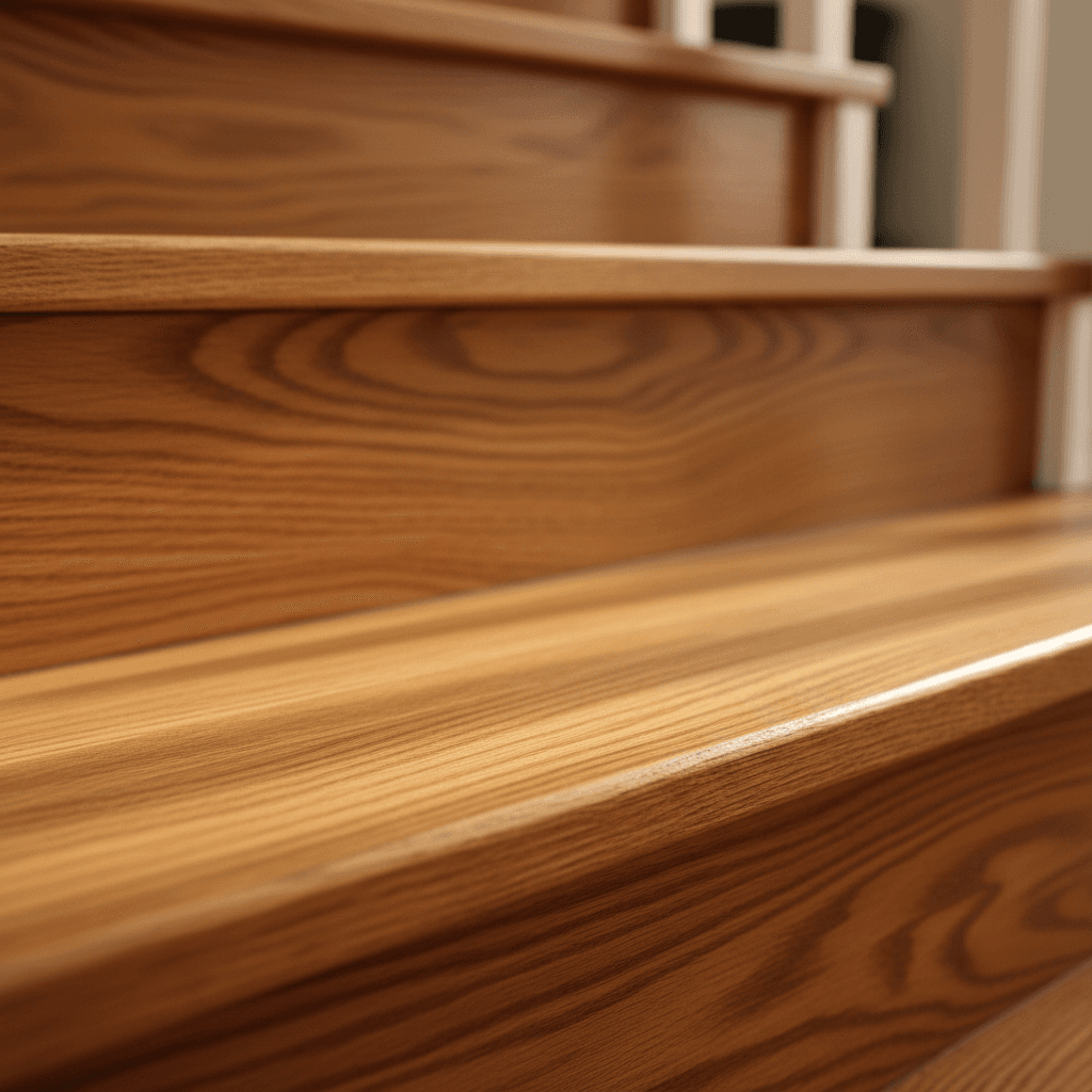 Custom oak staircase with detailed wood grain and warm finish