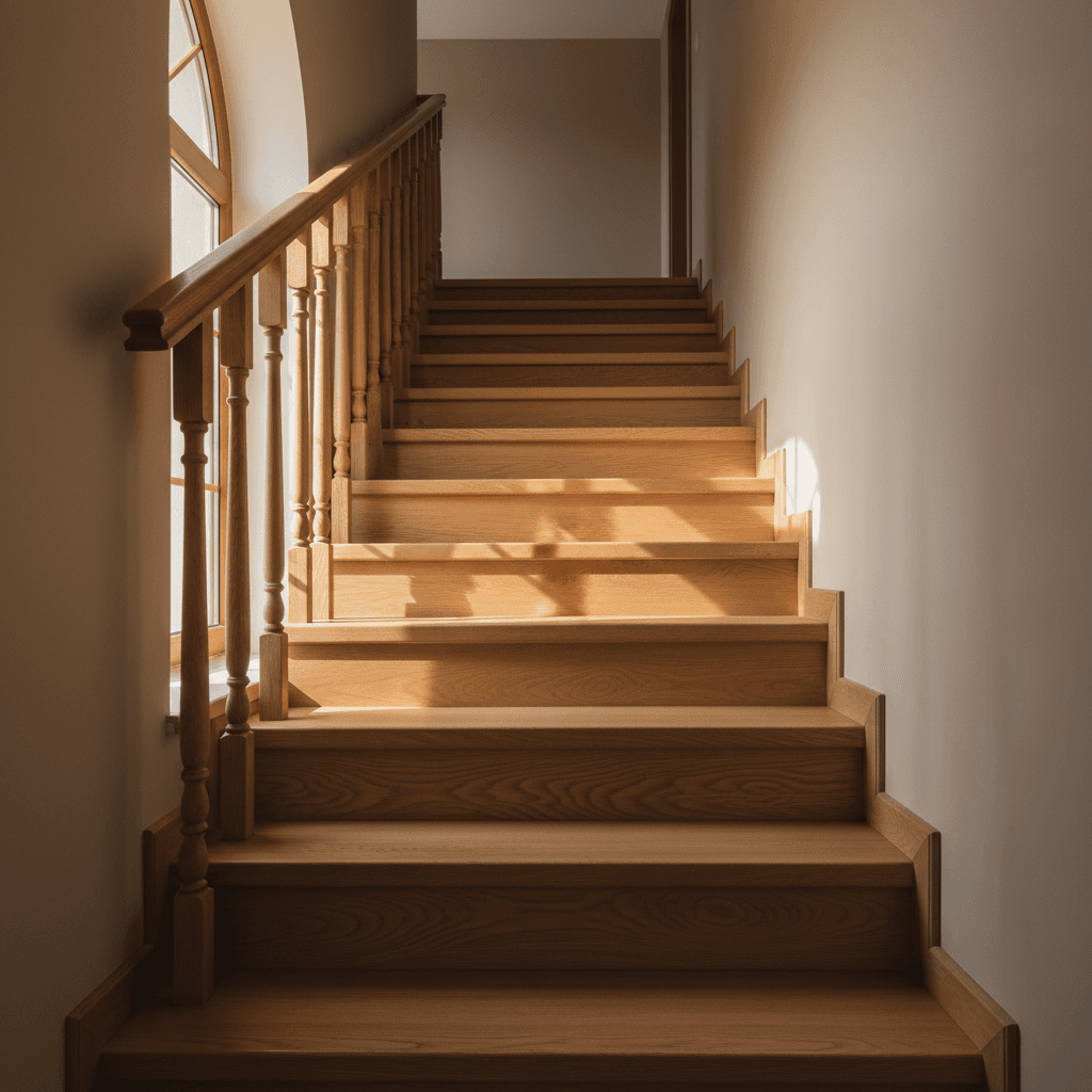 Wooden oak staircase with warm finish and traditional handrail design