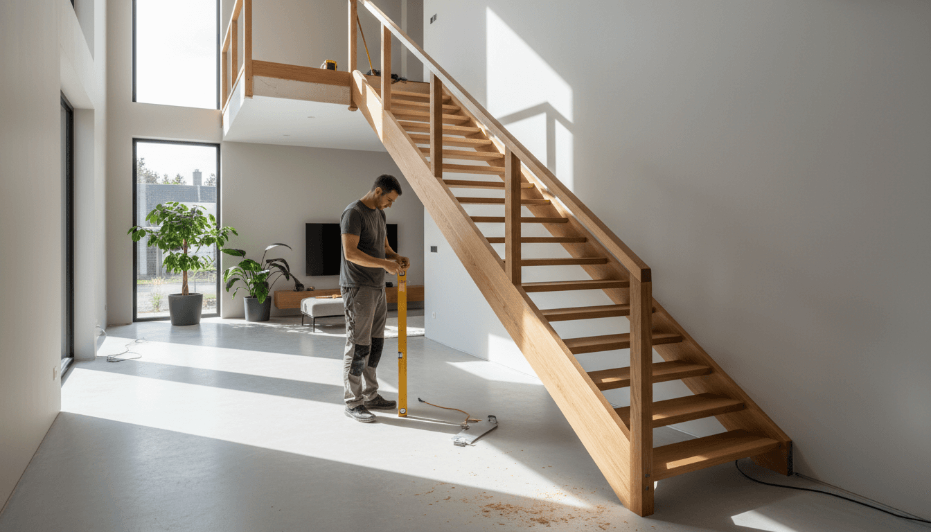 Custom wooden staircase installation in a Moscow home