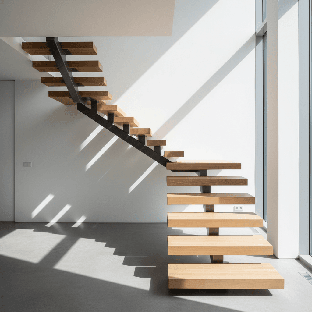 Modern mono-stringer staircase with single steel support and floating steps