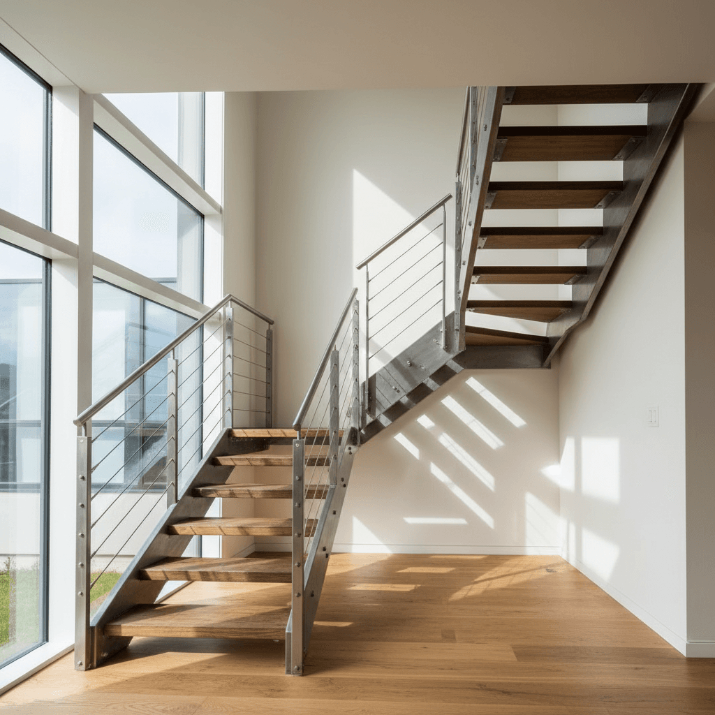 Modern metal frame staircase in bright residential entryway