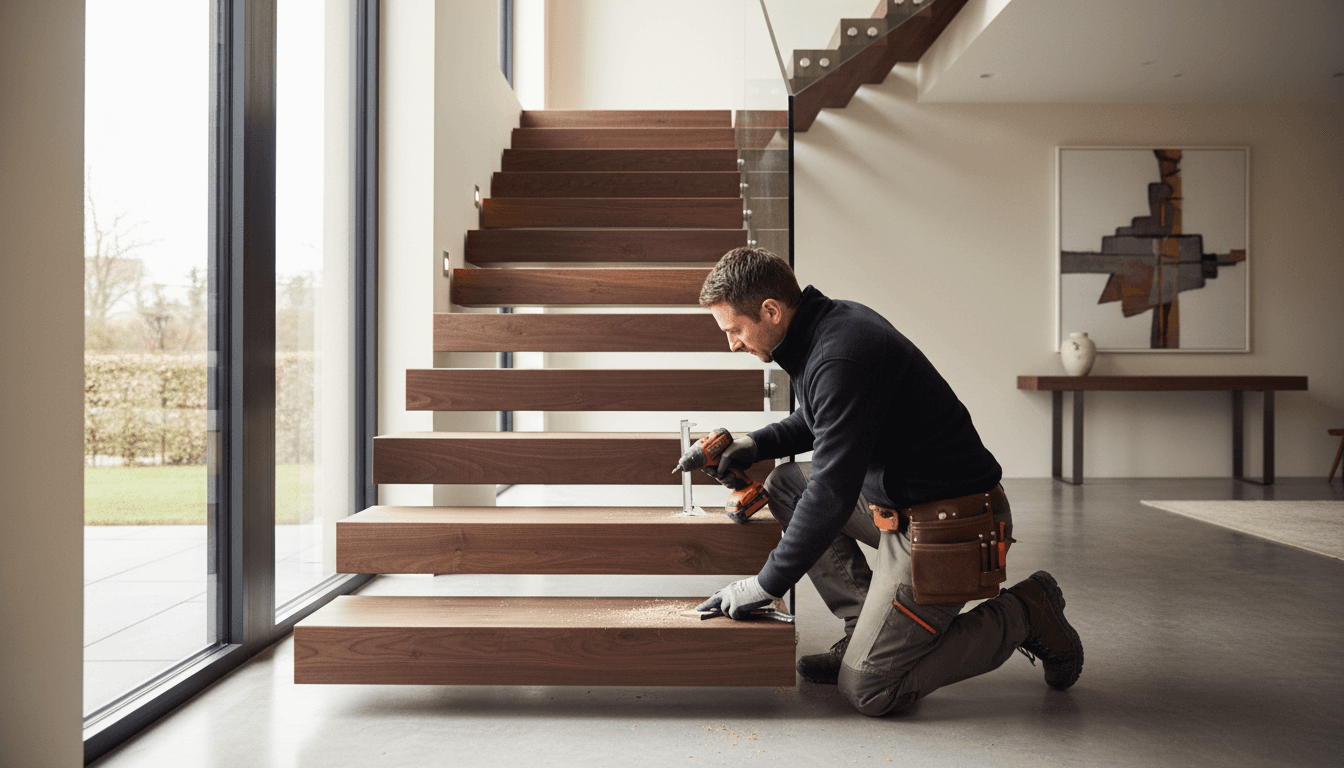 Craftsman installing wooden staircase treads with precision tools