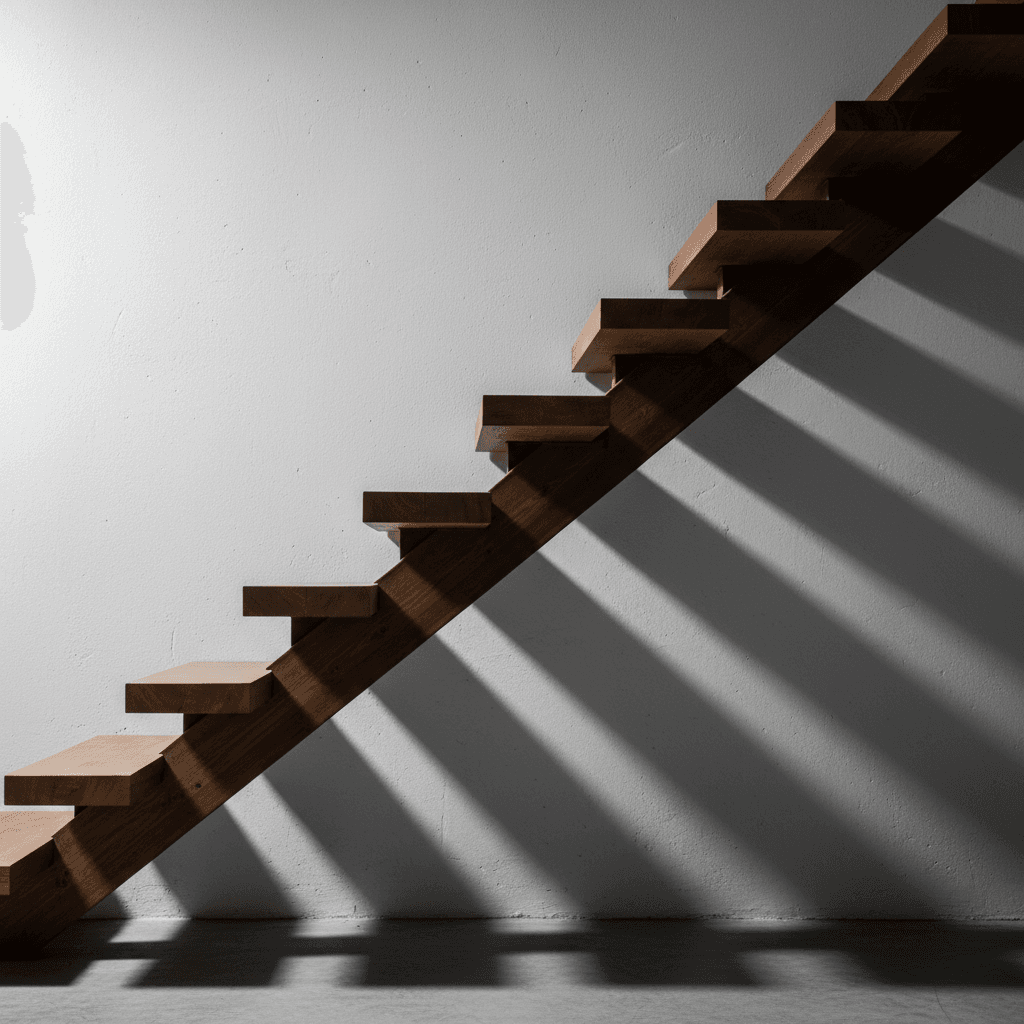Modern mono-stringer wooden staircase with dramatic side lighting