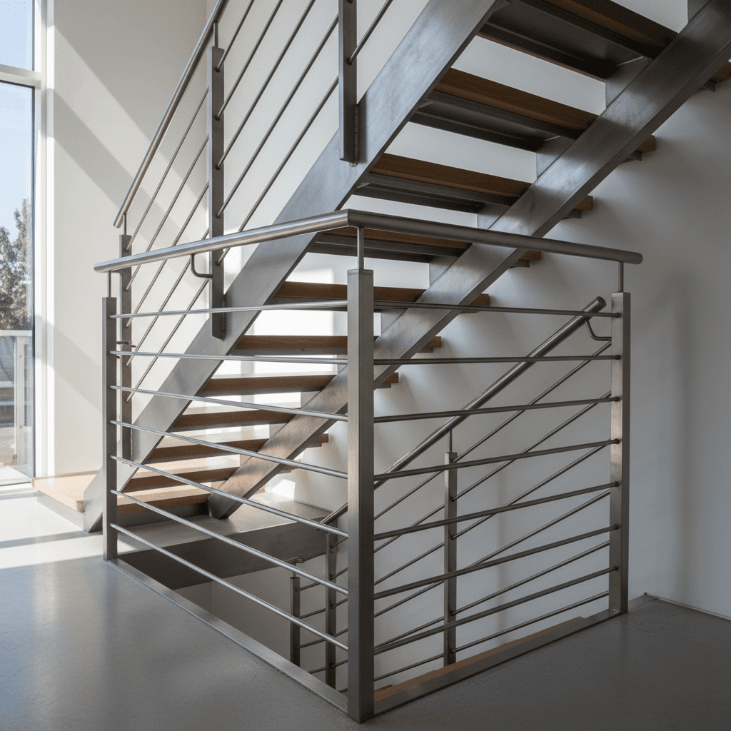Metal frame staircase with steel structure and wooden treads in modern Moscow home