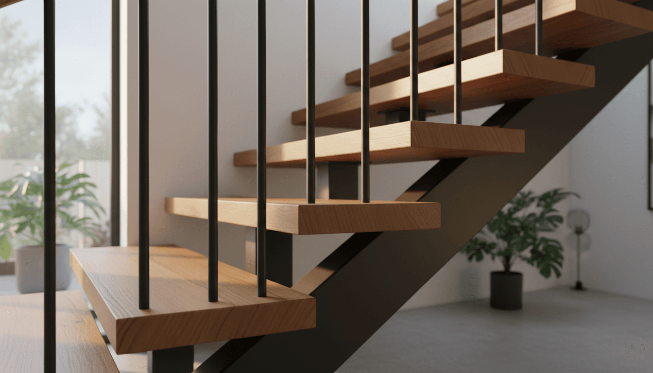 Modern wooden staircase with metal railings in a bright Moscow home interior