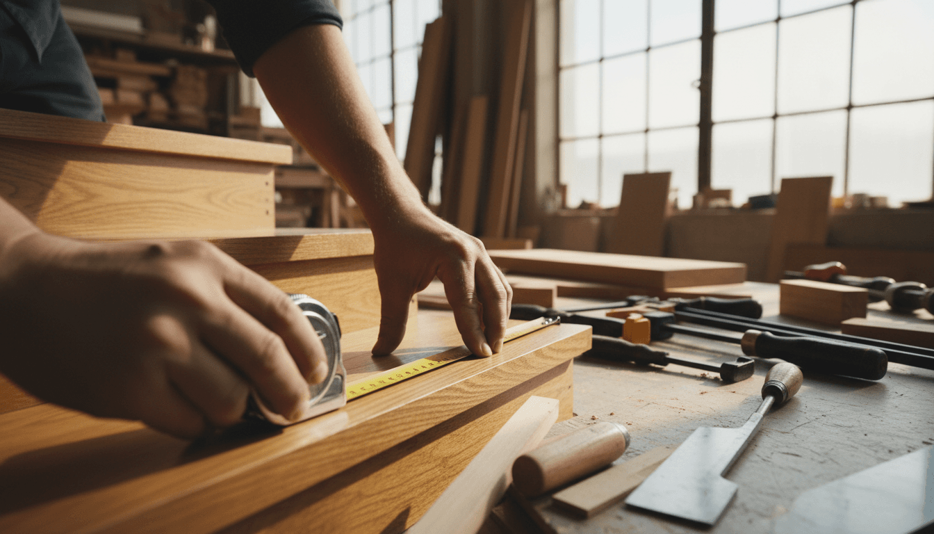 Craftsman measuring wooden stair tread in Stupeni&perila workshop