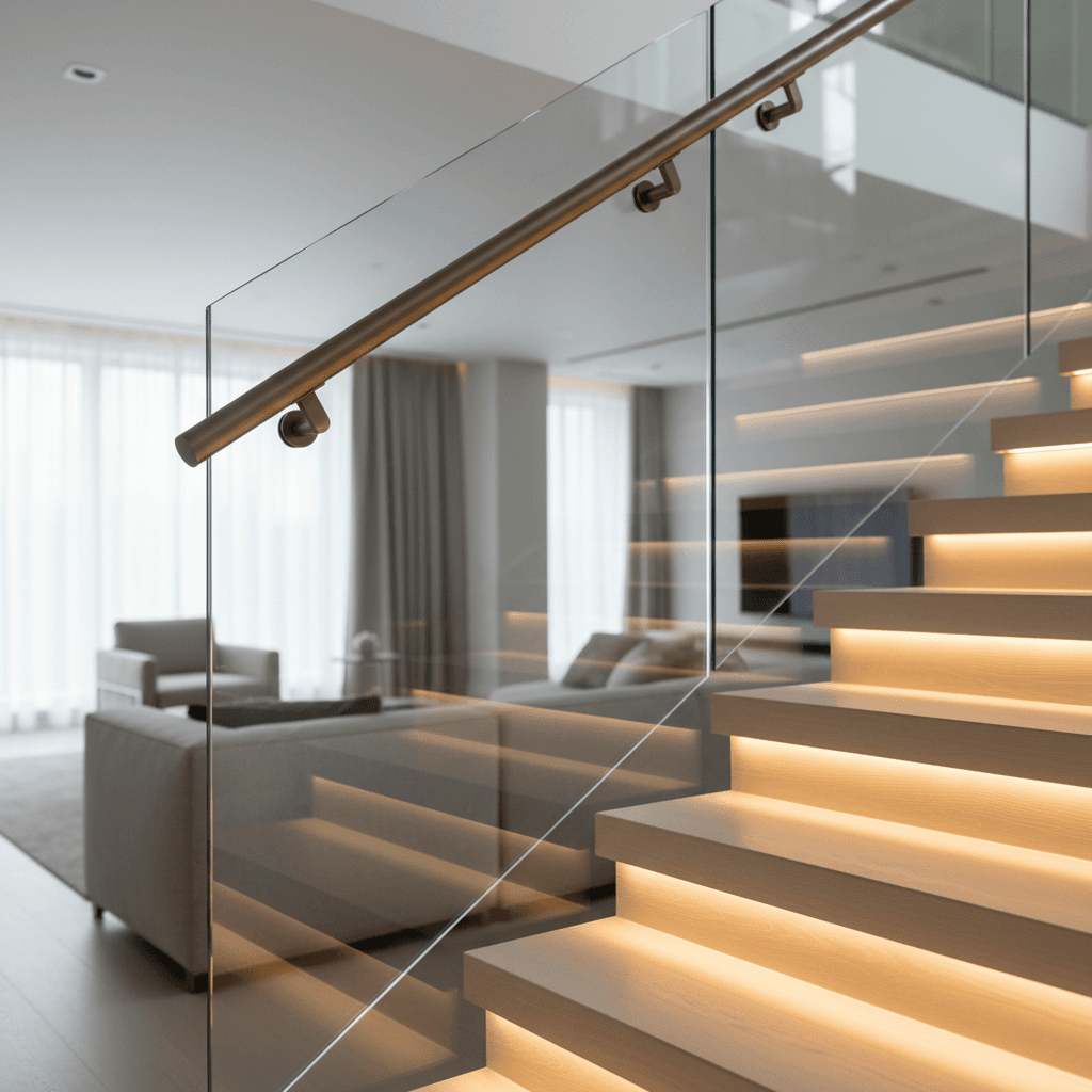 Premium staircase details with glass railings, metal fixtures, and integrated lighting